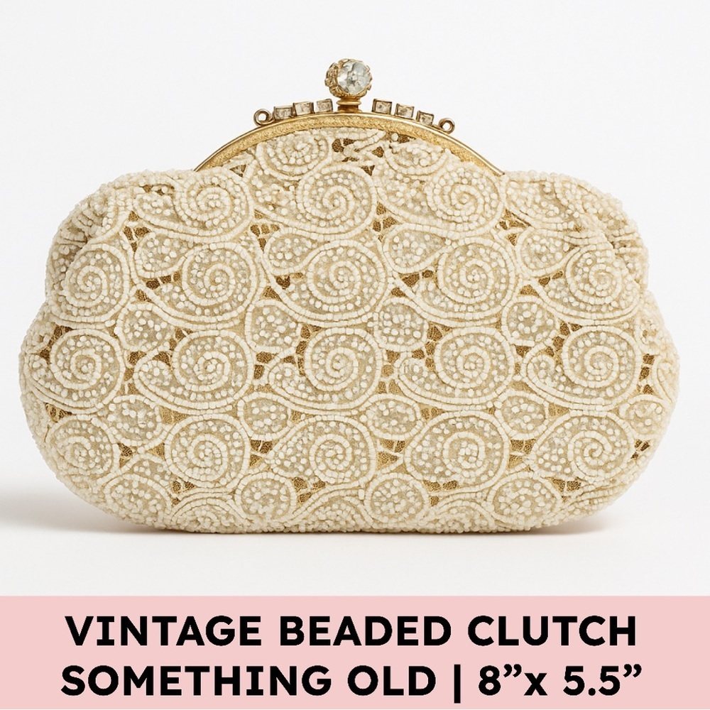 Vintage Ivory Beaded Lace Clutch Purse / Rhinestone Bridal Evening Bag Chanpagne